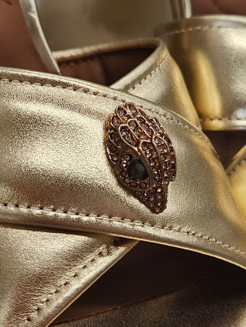 Kurt Geiger Wedge Sandals 7.5 Gold Leather Kensington Cross Chunky Dress New$245 - Picture 7 of 17